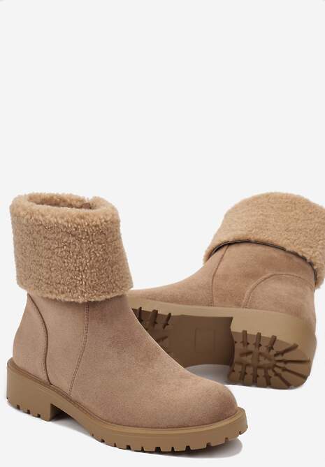 Brązowe Botki za Kostkę z Kożuszkiem Kurconne