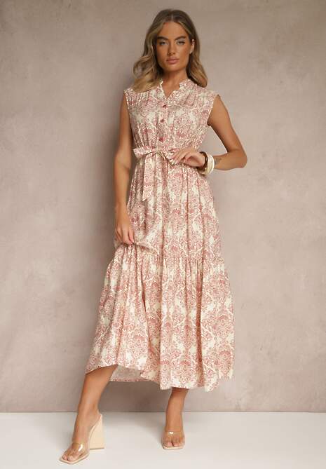 Różowa Sukienka z Wiskozy Bez Rękawów z Paskiem z Wiązaniem Filanesse