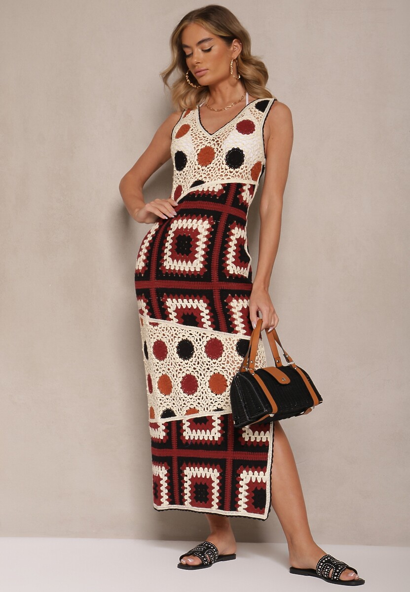 Beżowo-Brązowa Szydełkowa Sukienka z Bawełny o Dopasowanym Fasonie Atenissa