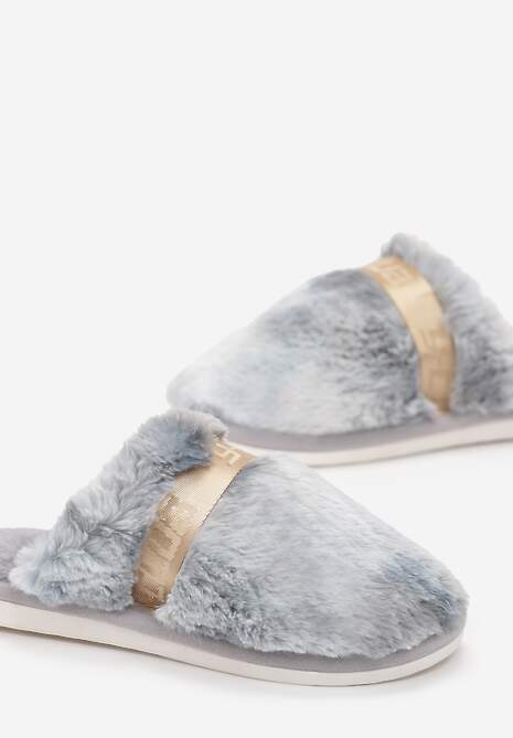 Szare Kapcie z Ozdobną Tasiemką i Sztucznym Futerkiem Demiopa