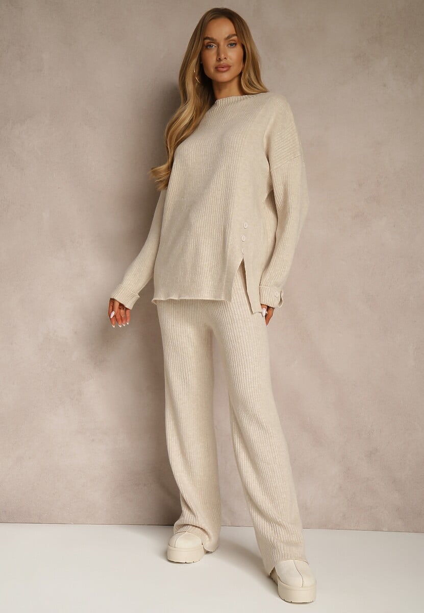 Jasnobeżowy Komplet z Wełną i Bawełną Sweter z Guzikami i Szerokie Spodnie Reinelia