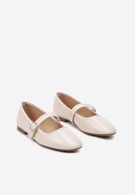 Beżowe Balerinki z Kwadratowym Noskiem i Zapięciem na Sprzączkę Rilanora