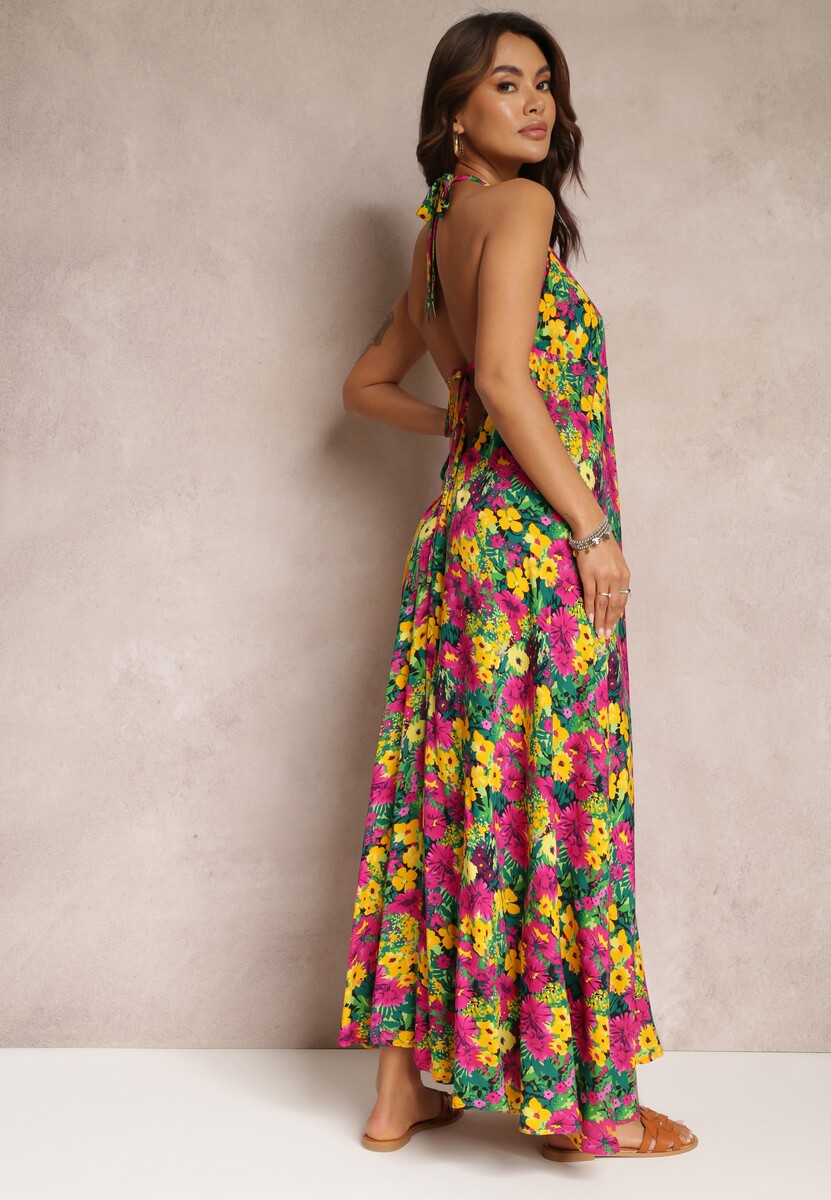 Żółto-Fuksjowa Kwiecista Sukienka Maxi z Wiskozy z Wiązaniem na Szyi i Plecach Lunka