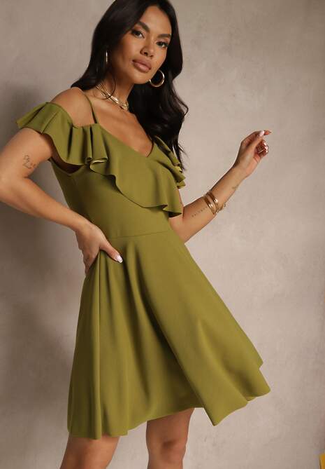 Jasnozielona Rozkloszowana Sukienka na Ramiączkach z Falbankami Milauri