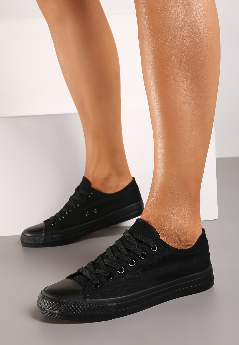 Czarne Casualowe Sznurowane Trampki na Płaskiej Podeszwie przed Kostkę Nivemia