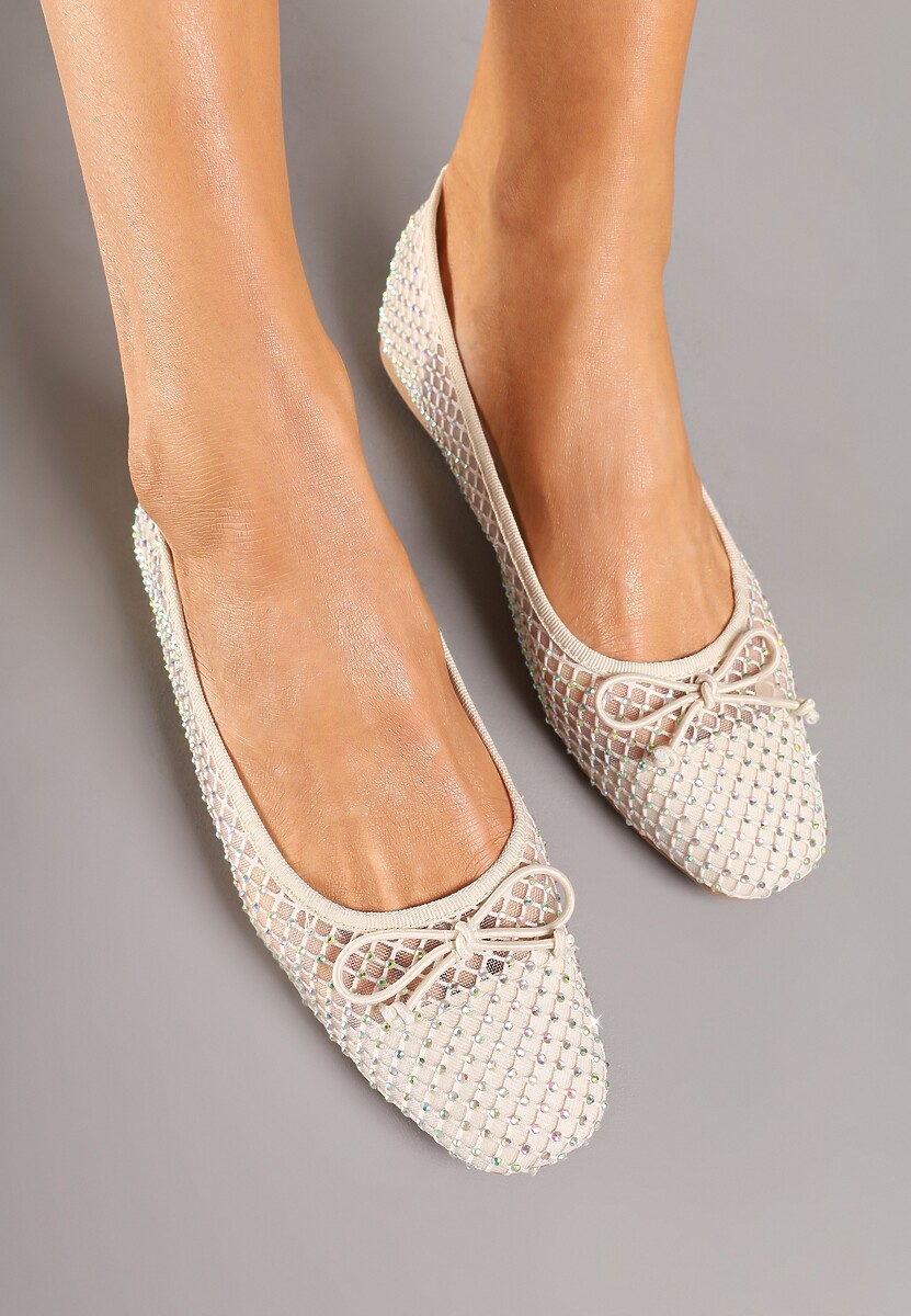 Beżowe Siateczkowe Balerinki z Delikatnymi Cyrkoniami i Kokardką Senirithra