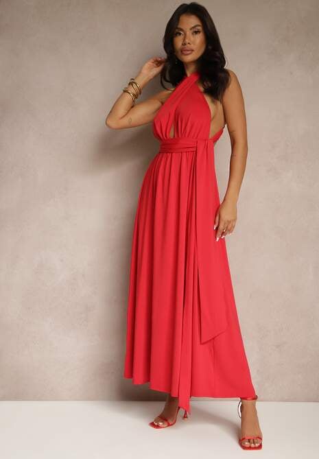 Czerwona Sukienka Koktajlowa Multiway z Wiskozą Wiązana na Szyi Lilovea