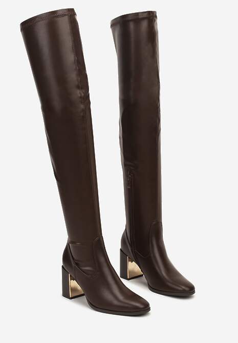 Brązowe Kozaki za Kolano na Słupku z Metaliczną Wstawką Vioeln