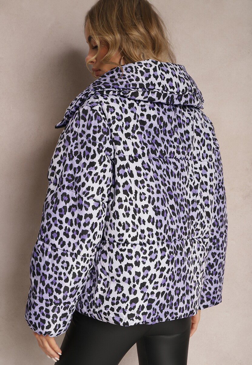 Fioletowa Kurtka w Cętki z Pikowaniem i Kołnierzem Gelasa