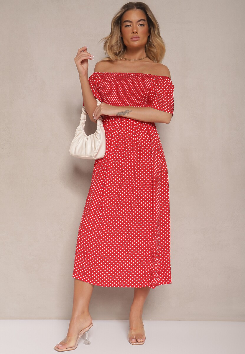 Czerwona Bawełniana Sukienka o Rozkloszowanym Kroju Zdobiona Printem w Groszki Lisanovia