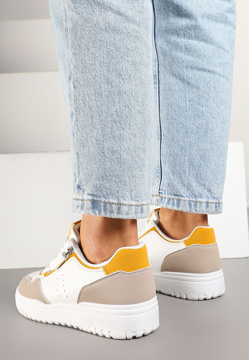 Biało-Beżowe Sneakersy przed Kostkę z Perforacją i Suwakiem na Cholewce Valinorti