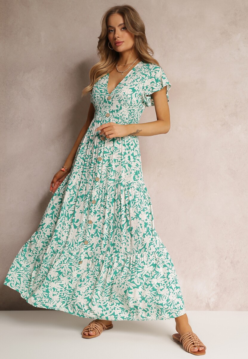 Czerwono-Biała Wiskozowa Sukienka Maxi z Gumką w Talii i Falbankami Maethia