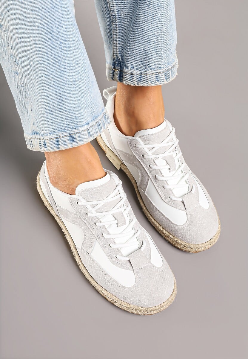 Biało-Szare Sneakersy Kultowe Tenisówki z Podeszwą Zdobioną Plecionką Zarorella