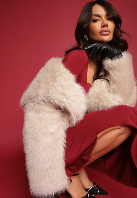 Beżowa Klasyczna Kurtka Futerko z Szerokim Kołnierzem Sannithra