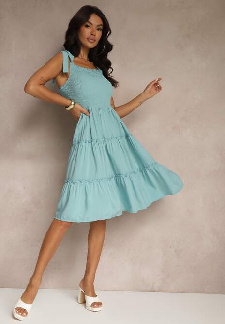 Jasnoniebieska Sukienka z Wiskozą o Rozkloszowanym Kroju na Ramiączkach z Wiązaniem Aranive