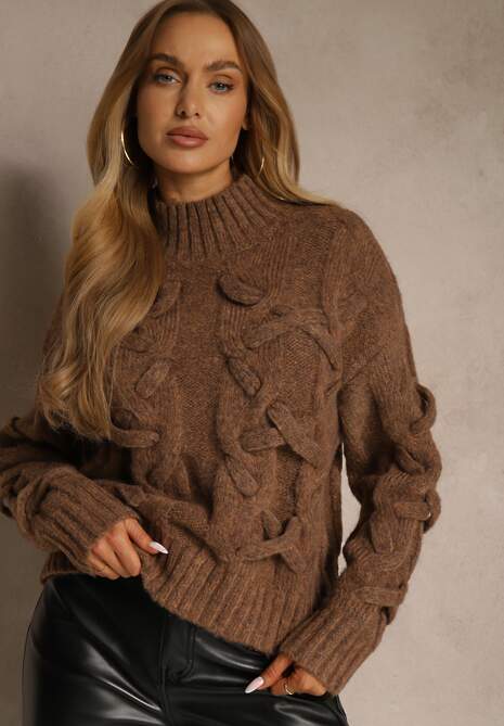 Brązowy Golf z Dodatkiem Wełny ze Strukturalnym Splotem Fedansa