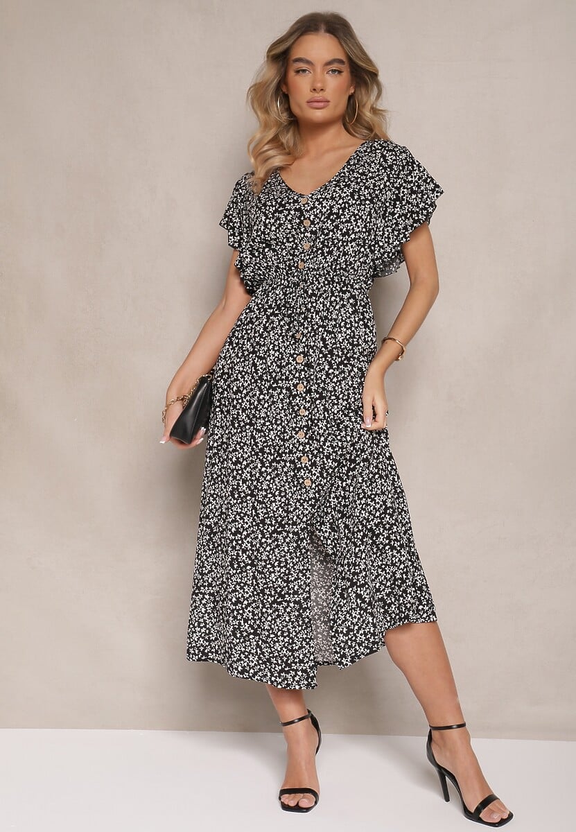 Czarna Rozkloszowana Sukienka z Bawełny z Gumką w Pasie w Drobne Kwiaty Pulinea