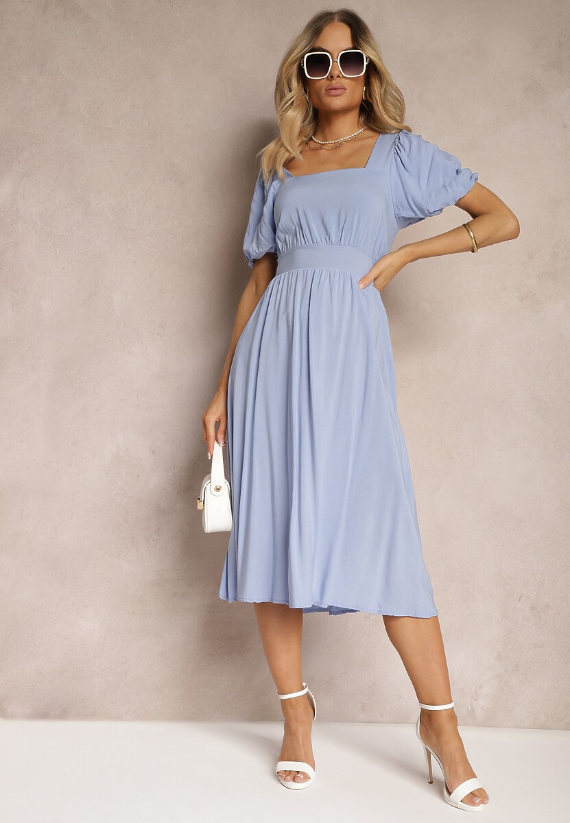 Niebieska Wiskozowa Sukienka o Rozkloszowanym Kroju z Wycięciem na Plecach i Wiązaniem Dimiella