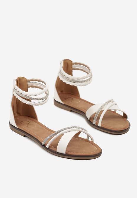 Białe Sandały Ozdobione Plecionymi i Cyrkoniowymi Paskami Irrielle