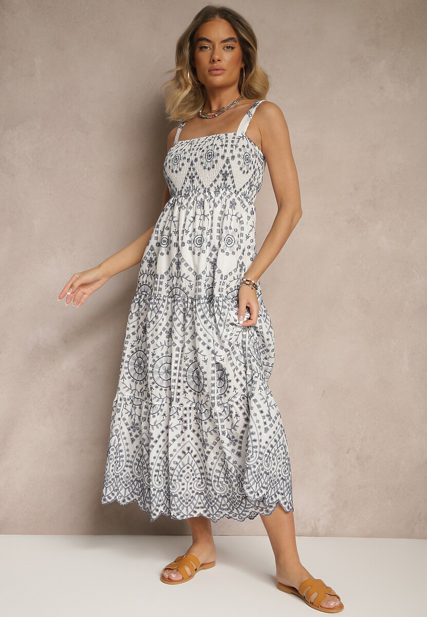 Czarno-Biała Sukienka z Bawełny z Haftowanym Wzorem Sadiralle