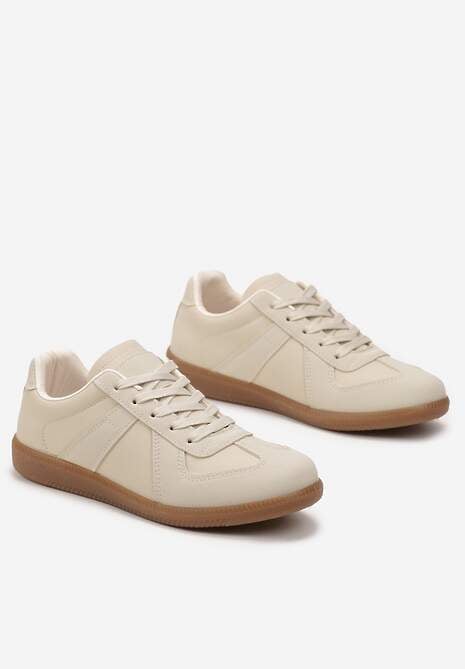 Beżowe Sznurowane Sneakersy z Imitacji Skóry na Płaskiej Podeszwie Glezoma