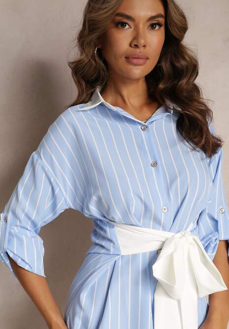 Jasnoniebieska Koszulowa Mini Sukienka z Wiskozy Wiązana w Pasie Fiammetta