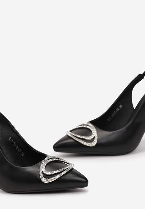 Czarne Sandały na Szpilce z Otwartą Piętą i Ozdobą w Cyrkonie Aignella