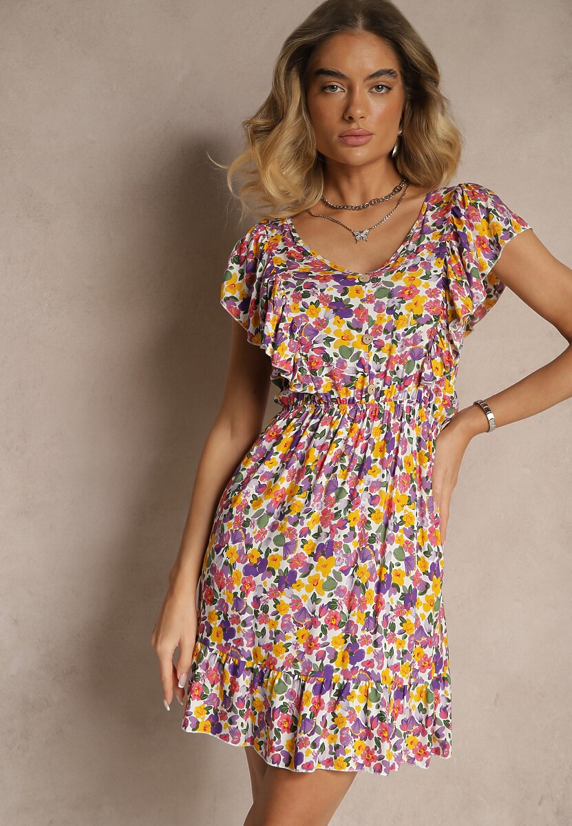 Granatowa Sukienka Bawełniana o Rozkloszowanym Kroju w Kwiaty z Falbankami Virlio