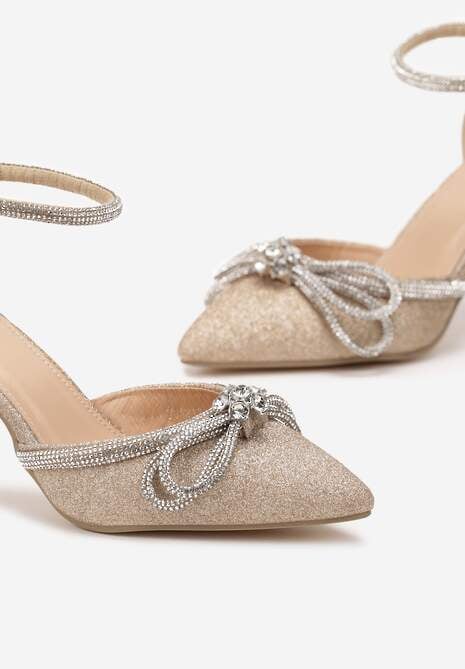 Złote Szpilki z Ekoskóry na Szpilce Ozdobione Kokardą i Cyrkoniami Dovanda