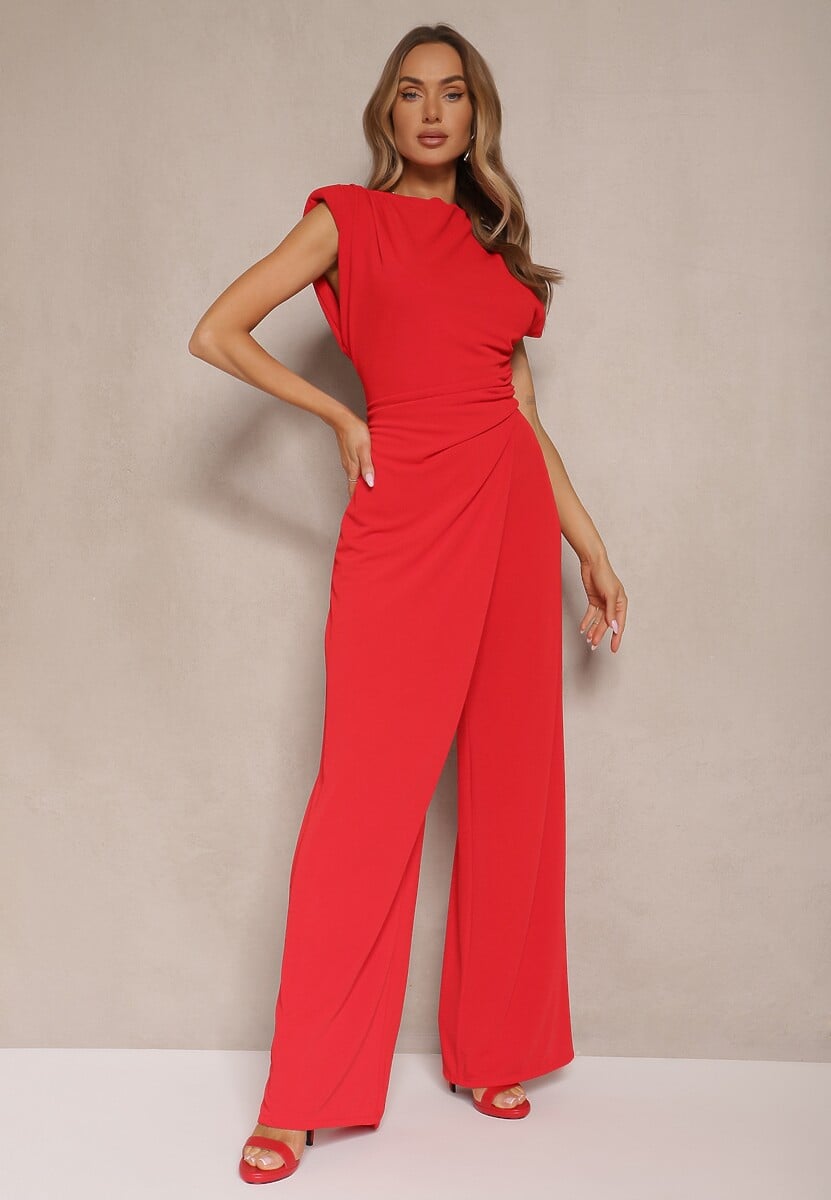 Czerwony Kombinezon Bez Rękawów z Szeroką Nogawką i Marszczeniem Sepellia