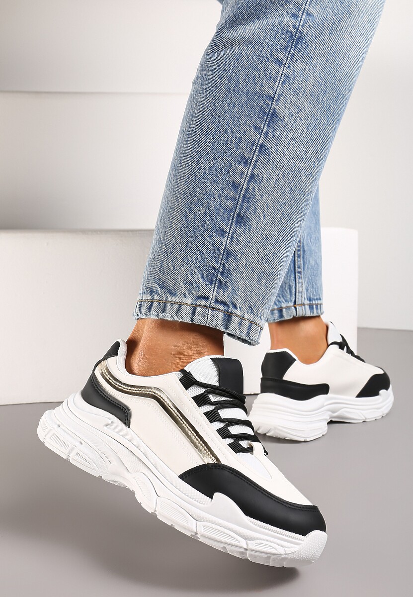 Biało-Czarne Casualowe Sneakersy z Ekoskóry z Ozdobnymi Wstawkami i Sznurowaniem Melindia