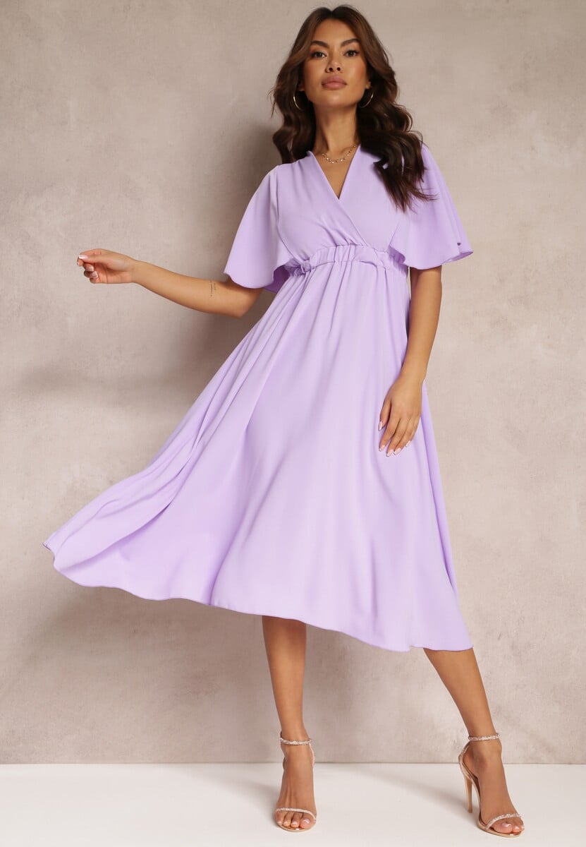 Bordowa Sukienka z Gumką w Talii Krótkim Rękawem i Kopertowym Dekoltem Kelila