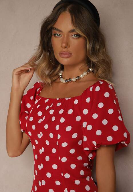Czerwona Sukienka Hiszpanka Vices w Kropki o Rozkloszowanym Kroju Zilua