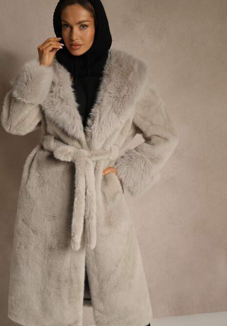 Szary Futrzany Płaszcz z Wiązanym Paskiem Ozdobnym Kołnierzem i Mankietami Viaressa