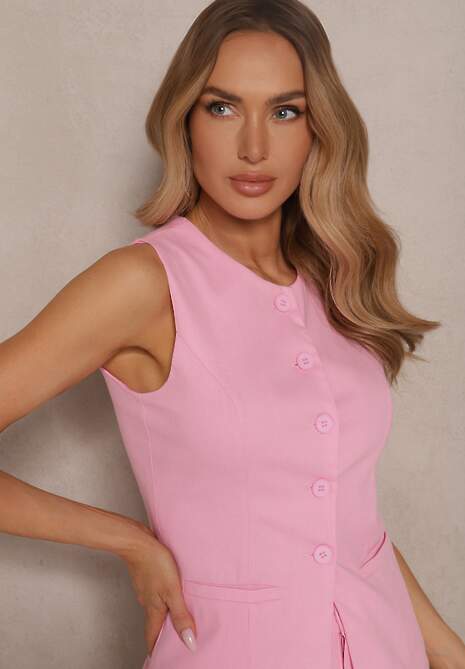 Różowa Kamizelka Garniturowa z Imitacją Kieszonek Halomira