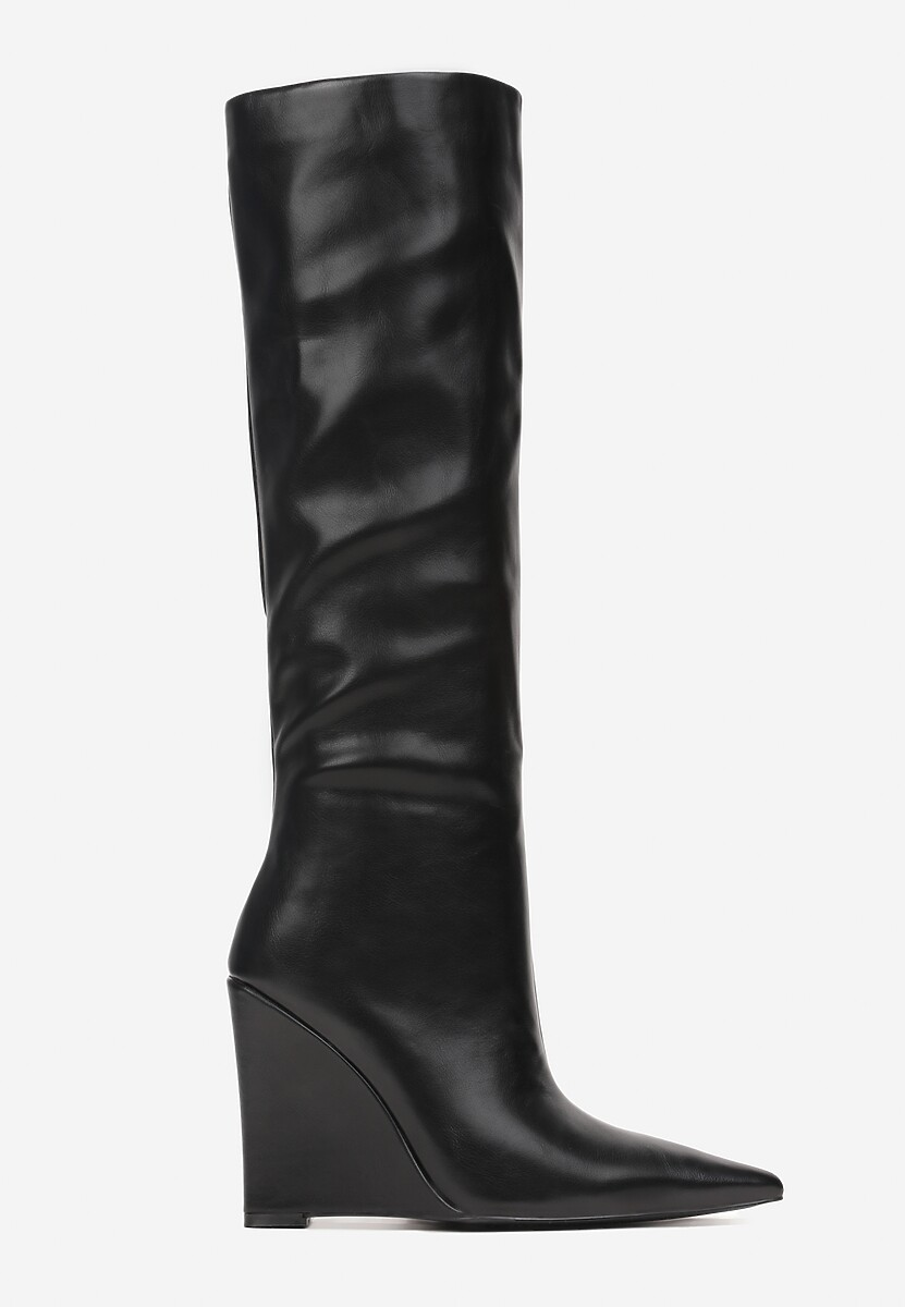 Czarne Kozaki przed Kolano na Koturnie ze Szpiczastym Noskiem Seluid