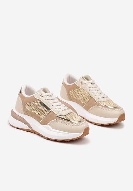 Ciemnobeżowe Sneakersy na Platformie ze Wstawkami z Plecionki Ninatia