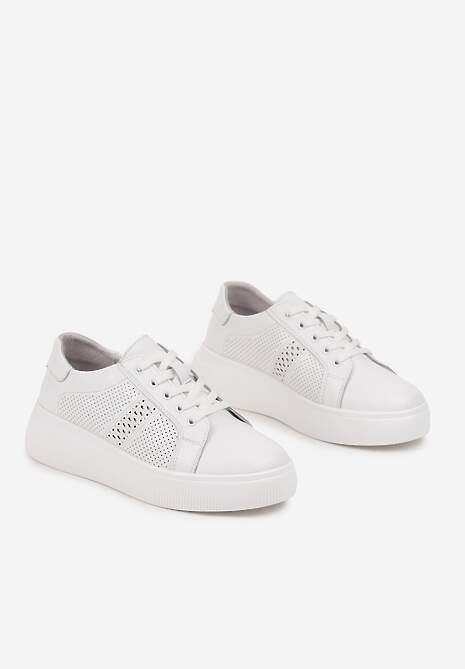Białe Płaskie Ażurowe Sneakersy ze Skóry Naturalnej i Skórzaną Wkładką Lavili