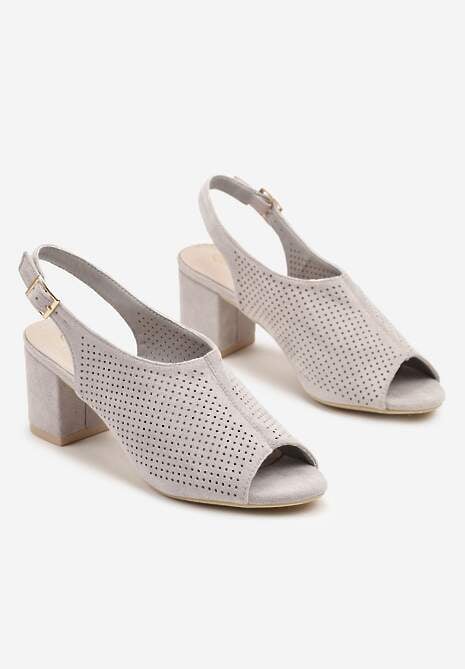 Szare Sandały na Słupku ze Skórzaną Wkładką i Ażurową Cholewką Telesetia