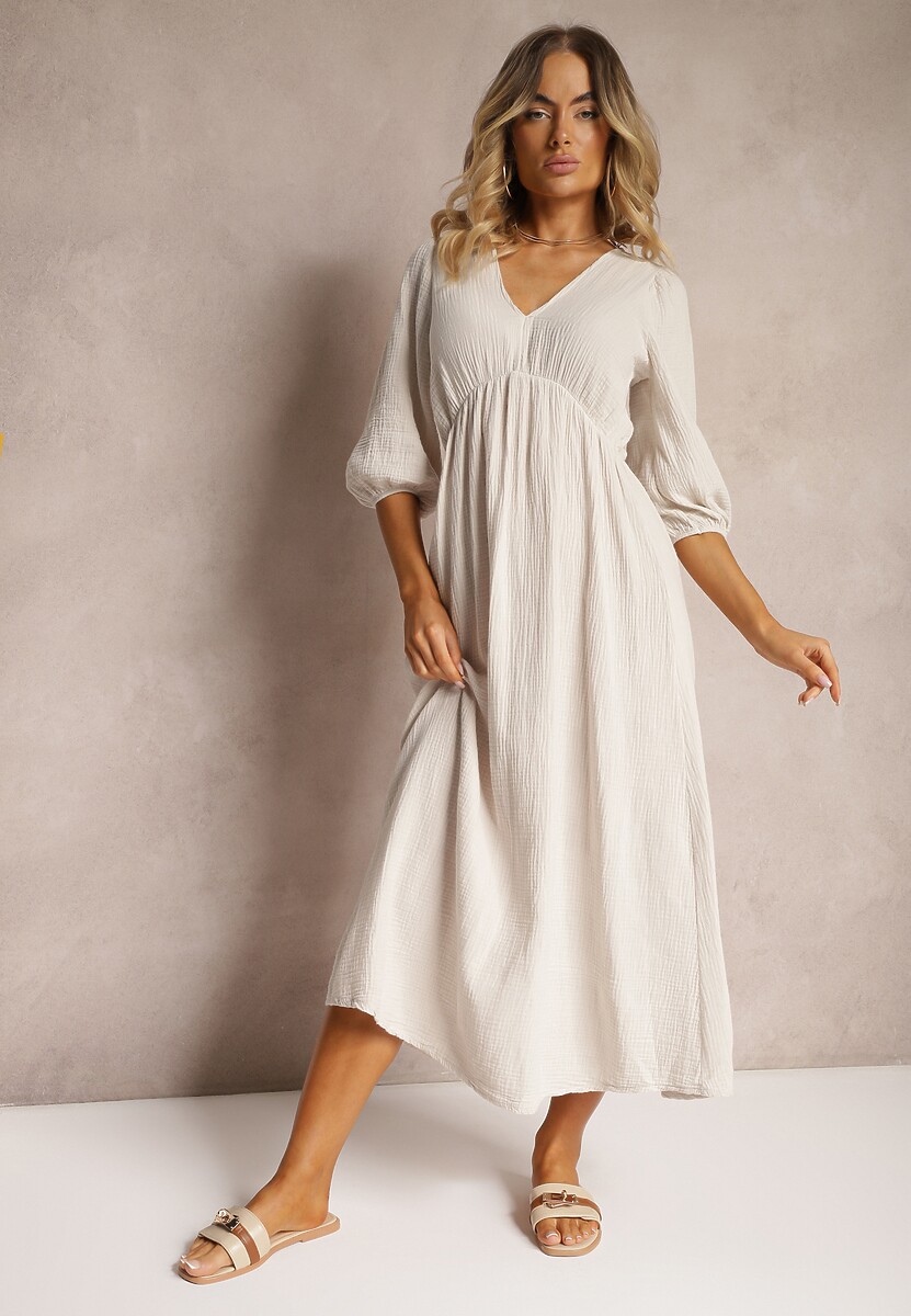 Beżowa Sukienka z Bawełny Ozdobiona Wiązaniem i Gumką w Pasie Wlarina