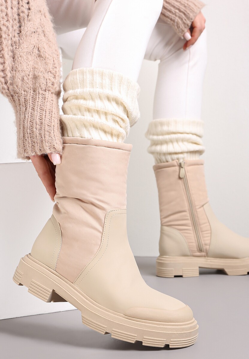 Beżowe Botki Sztyblety z Pikowaną Cholewką Fote
