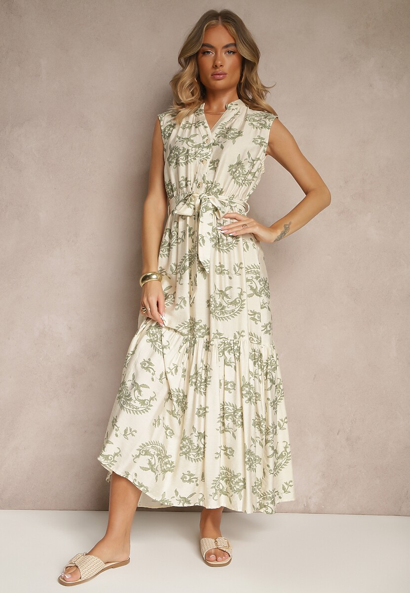 Beżowa-Zielona Sukienka z Wiskozy z Paskiem i Abstrakcyjnym Wzorem Rinalora