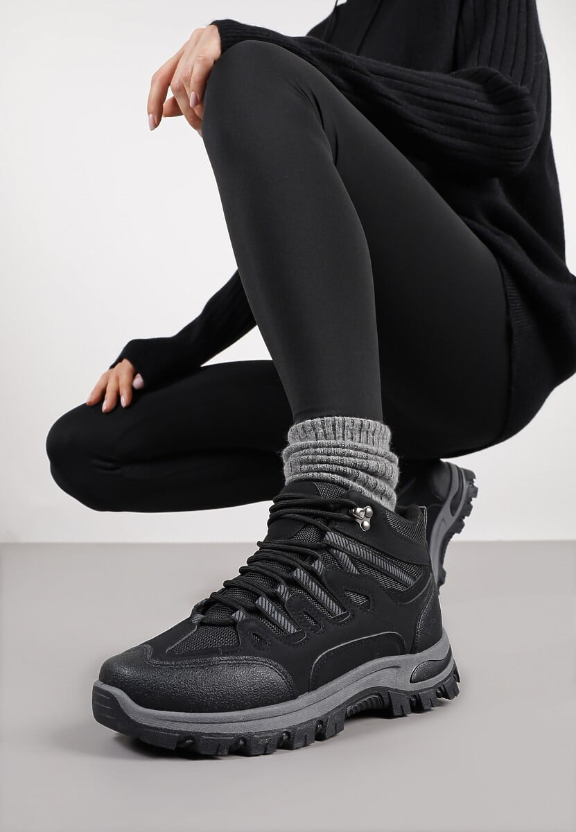 Czarne Buty Trekkingowe Traperki Vices ze Sznurowaną Cholewką Afellie