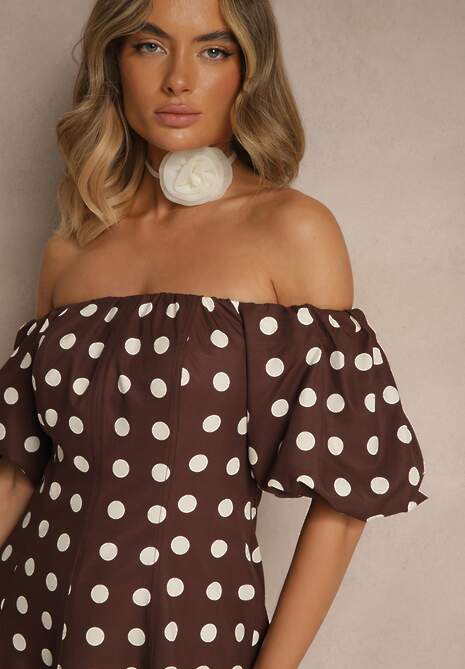 Brązowa Sukienka Hiszpanka Vices w Kropki o Rozkloszowanym Kroju Zilua