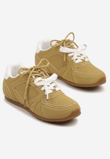 Żółte Sneakersy Ozdobione Przeszyciami i Podwójnym Sznurowaniem Telisaria