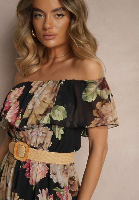 Czarna Sukienka Hiszpanka z Kwiatowym Wzorem i Plecionym Paskiem Sadeene