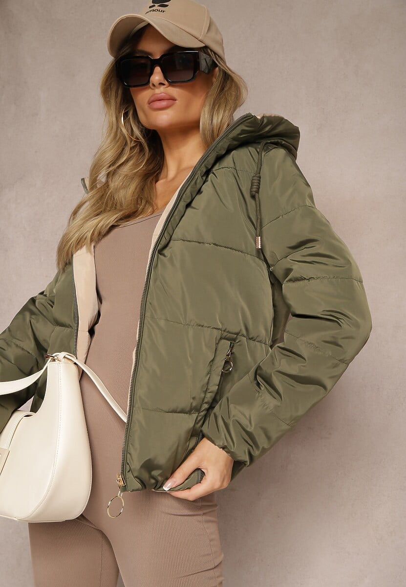 Czarno-Zielona Pikowana Kurtka Dwustronna z Kapturem Ozdobiona Suwakami Nevetila