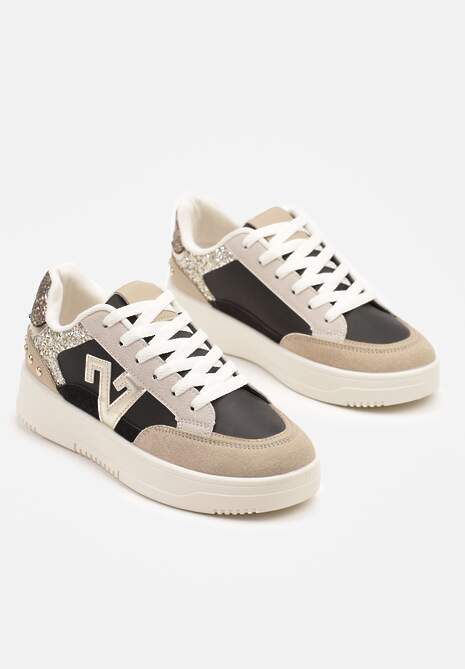 Czarno-Beżowe Sneakersy Ozdobione Metalicznymi Aplikacjami i Brokatem Pilliossa