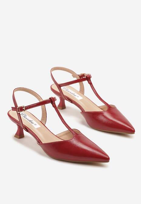 Czerwone Czółenka na Obcasie Kaczuszce Ozdobione Paskami Peselle