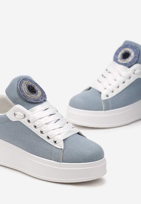 Niebieskie Sneakersy na Platformie z Cyrkoniami na Szerokim Języku Esirel